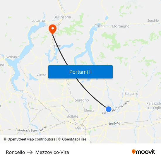 Roncello to Mezzovico-Vira map