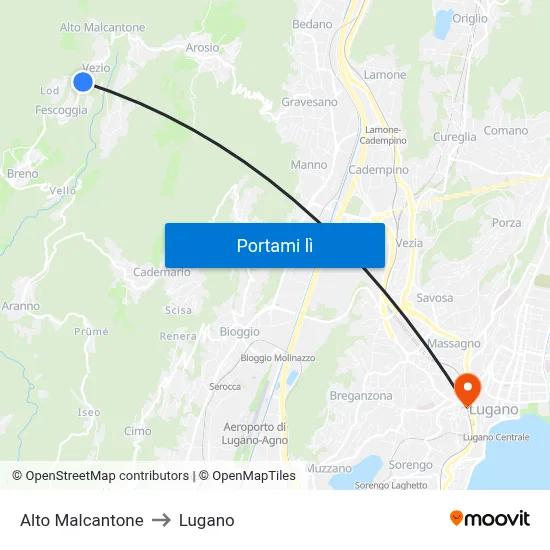 Alto Malcantone to Lugano map