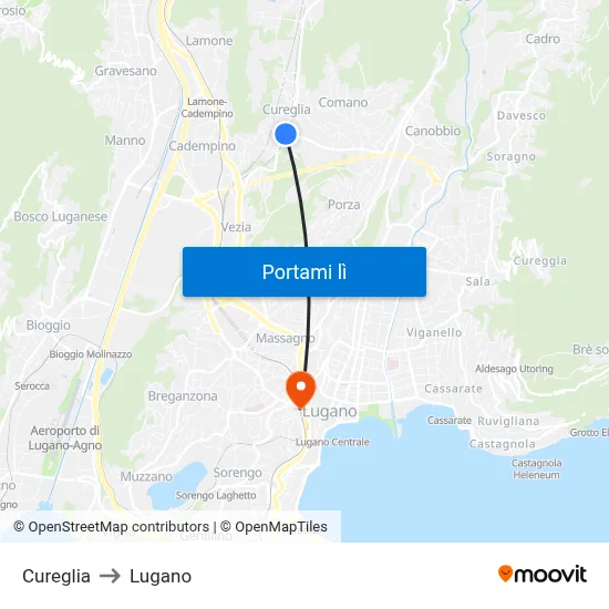 Cureglia to Lugano map