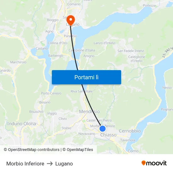 Morbio Inferiore to Lugano map