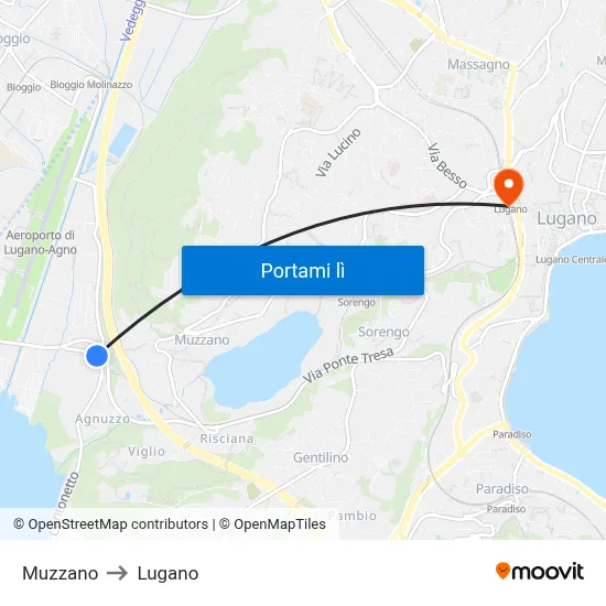 Muzzano to Lugano map