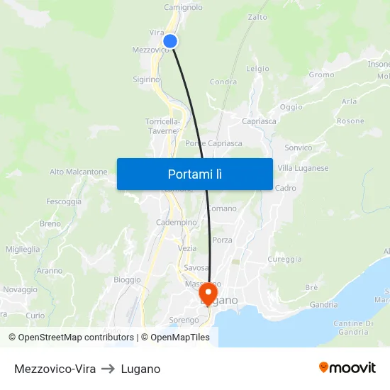 Mezzovico-Vira to Lugano map