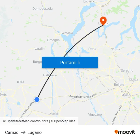 Carisio to Lugano map