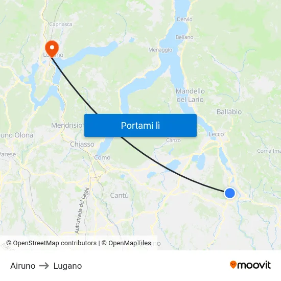 Airuno to Lugano map