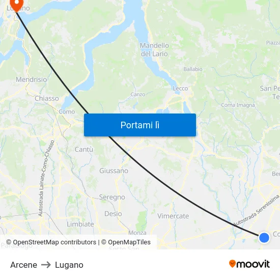 Arcene to Lugano map