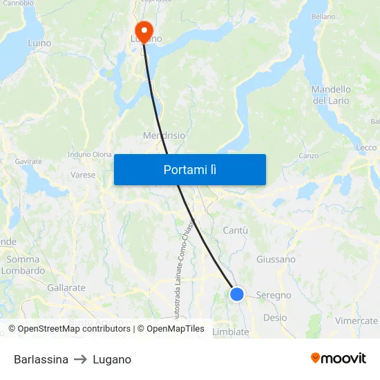Barlassina to Lugano map