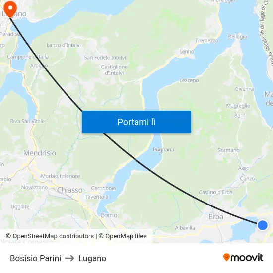 Bosisio Parini to Lugano map