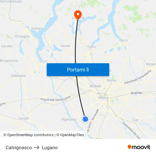 Calvignasco to Lugano map