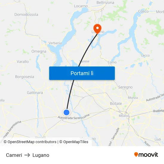 Cameri to Lugano map