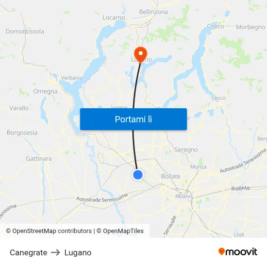 Canegrate to Lugano map