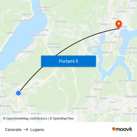 Caravate to Lugano map