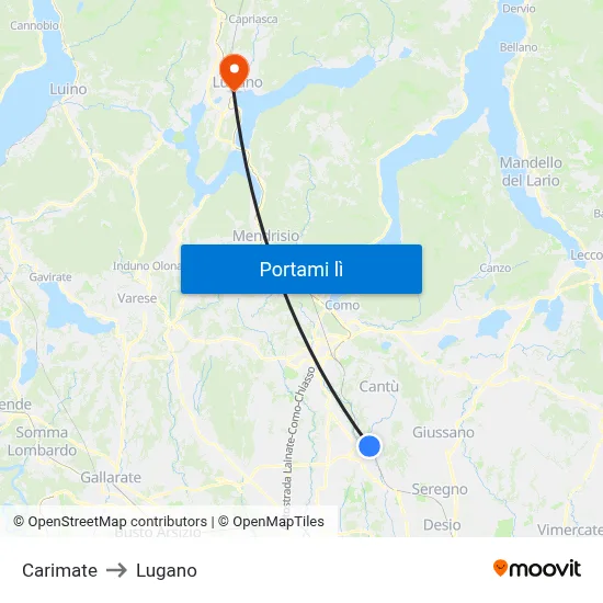 Carimate to Lugano map