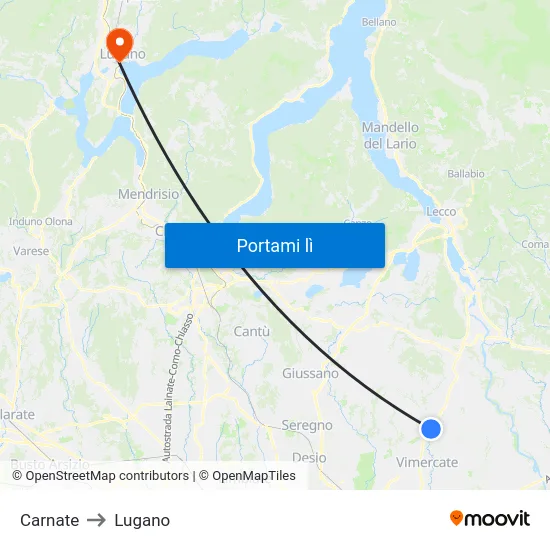 Carnate to Lugano map