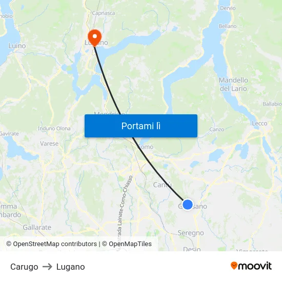 Carugo to Lugano map