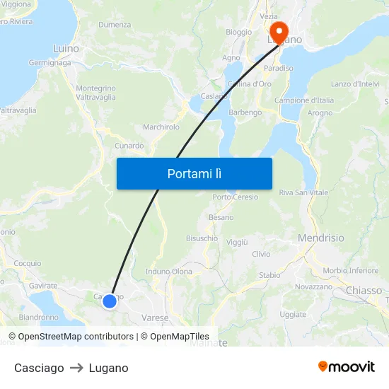 Casciago to Lugano map
