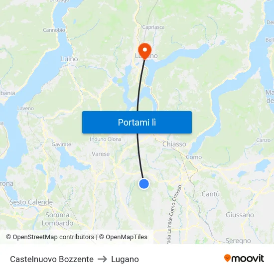 Castelnuovo Bozzente to Lugano map