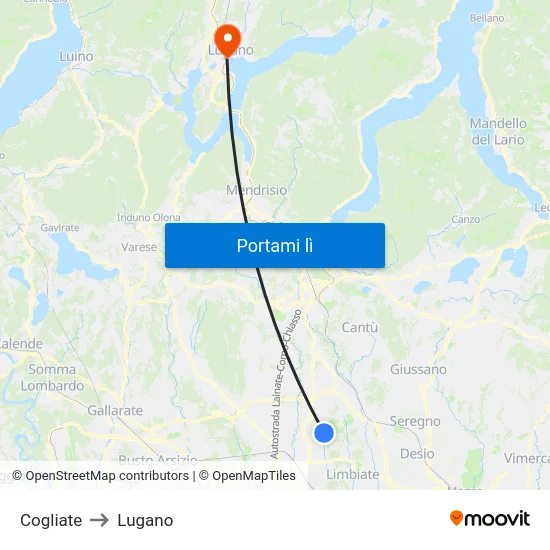 Cogliate to Lugano map