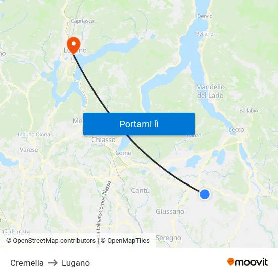 Cremella to Lugano map