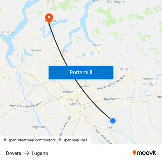 Dovera to Lugano map
