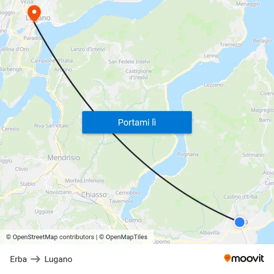 Erba to Lugano map