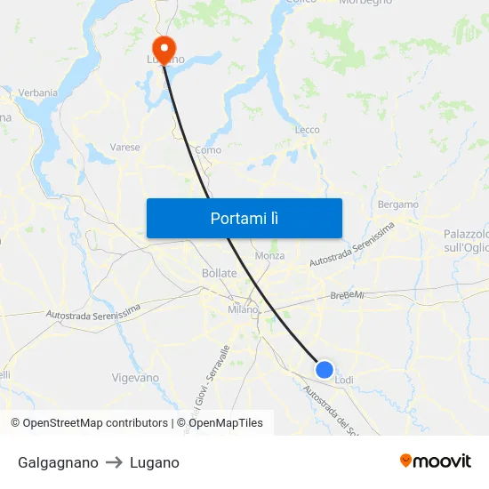 Galgagnano to Lugano map
