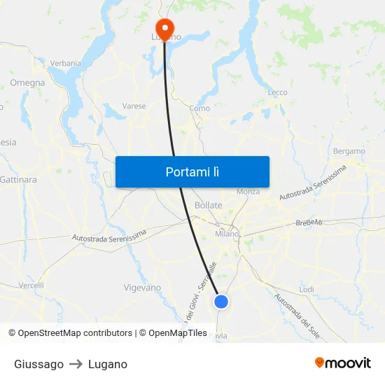 Giussago to Lugano map