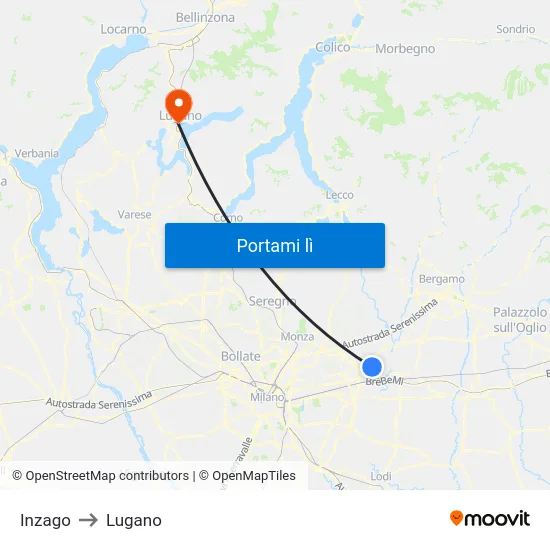Inzago to Lugano map