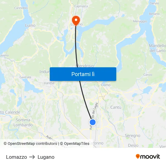 Lomazzo to Lugano map