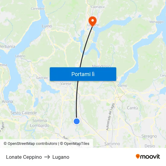 Lonate Ceppino to Lugano map