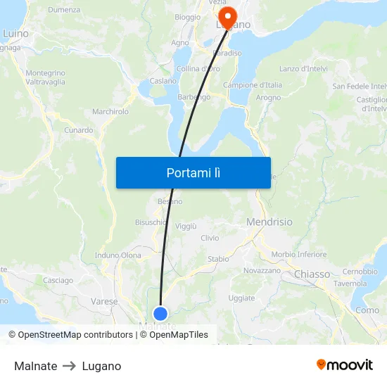 Malnate to Lugano map