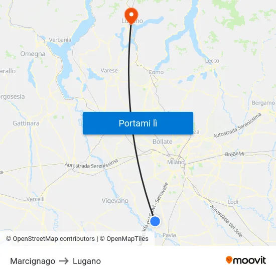 Marcignago to Lugano map