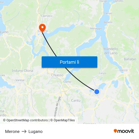 Merone to Lugano map