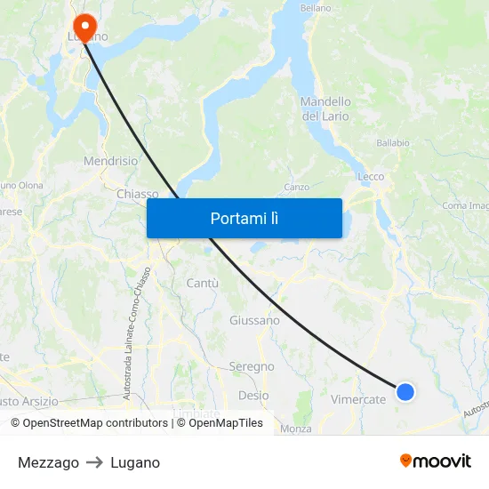 Mezzago to Lugano map