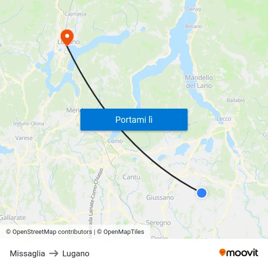 Missaglia to Lugano map