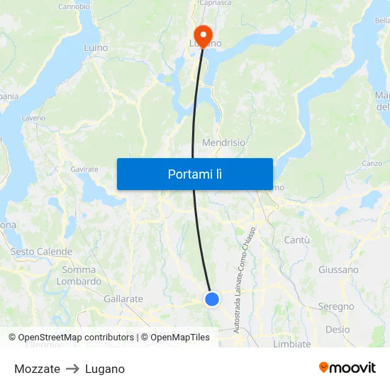 Mozzate to Lugano map