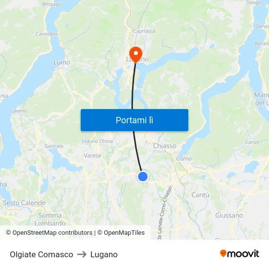 Olgiate Comasco to Lugano map