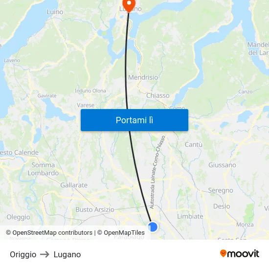 Origgio to Lugano map