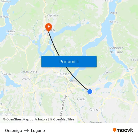 Orsenigo to Lugano map