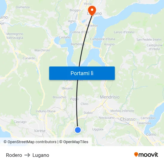 Rodero to Lugano map