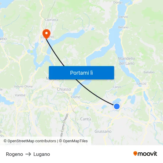 Rogeno to Lugano map