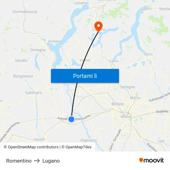 Romentino to Lugano map