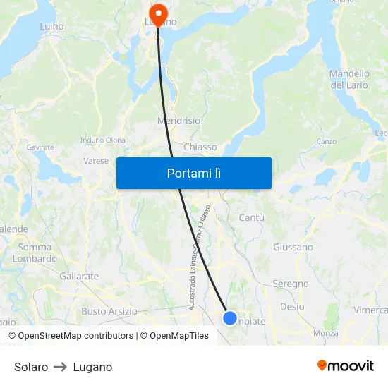 Solaro to Lugano map