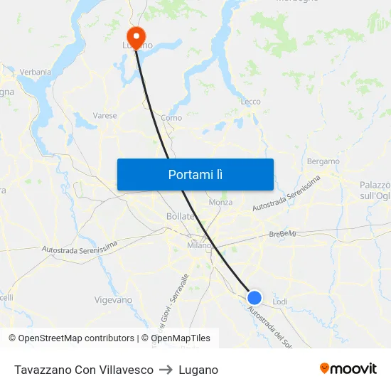 Tavazzano Con Villavesco to Lugano map
