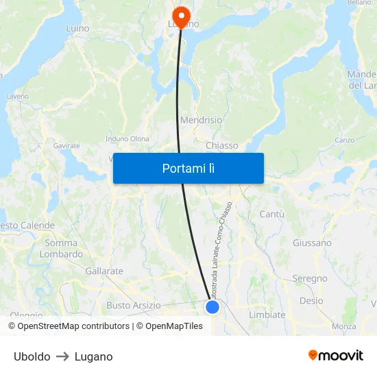Uboldo to Lugano map