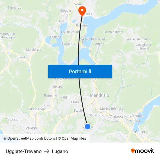 Uggiate-Trevano to Lugano map