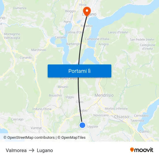 Valmorea to Lugano map