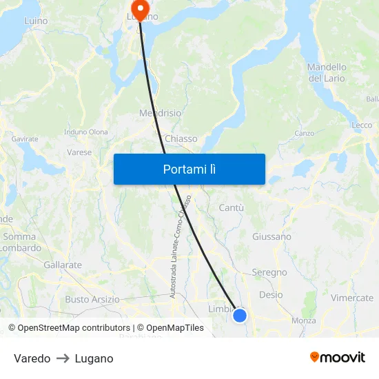 Varedo to Lugano map