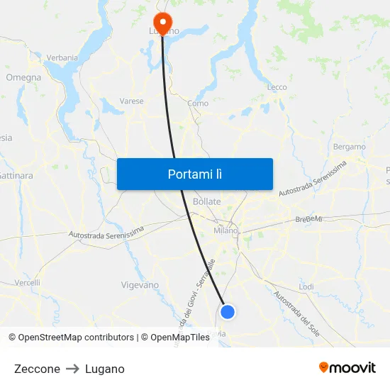 Zeccone to Lugano map