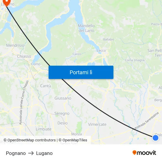 Pognano to Lugano map