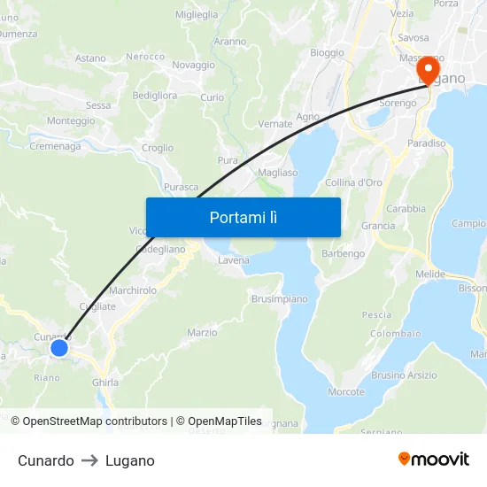 Cunardo to Lugano map